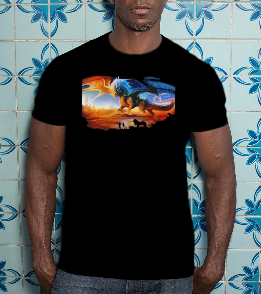 Giant Dragon In Radiant Golden Light With Blue And Orange Wings T-Shirt