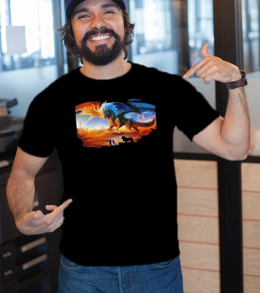 Giant Dragon In Radiant Golden Light With Blue And Orange Wings T-Shirt