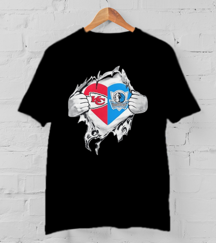 Kansas City Chiefs Dallas Mavericks Heart Ripped Open NFL NBA Crossover Fan Gear T-Shirt