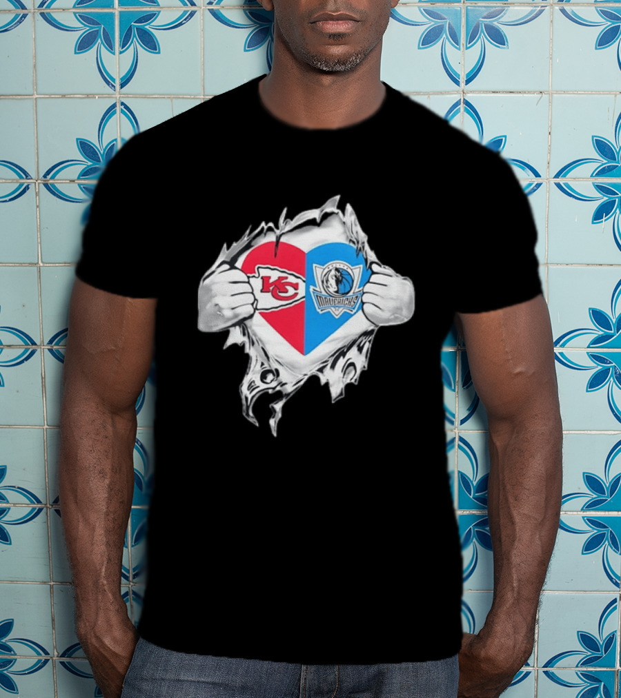 Kansas City Chiefs Dallas Mavericks Heart Ripped Open NFL NBA Crossover Fan Gear T-Shirt