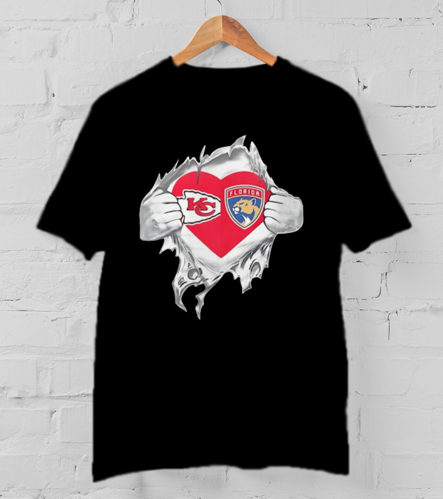 KC Chiefs Florida Panthers Heart Ripped Chest Kansas City NFL Florida NHL Fans T-Shirt