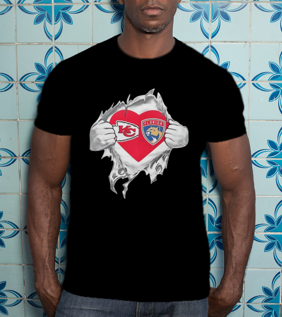 KC Chiefs Florida Panthers Heart Ripped Chest Kansas City NFL Florida NHL Fans T-Shirt