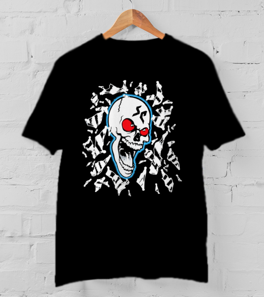 SC Skull Breaking Glass Explosive Red Eyes Fractured Blue T-Shirt