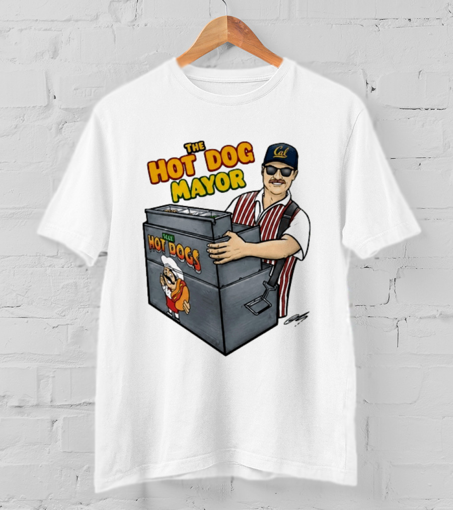 The Hot Dog Mayor Vendor With Cal Hat And Hot Dogs Cart T-Shirt
