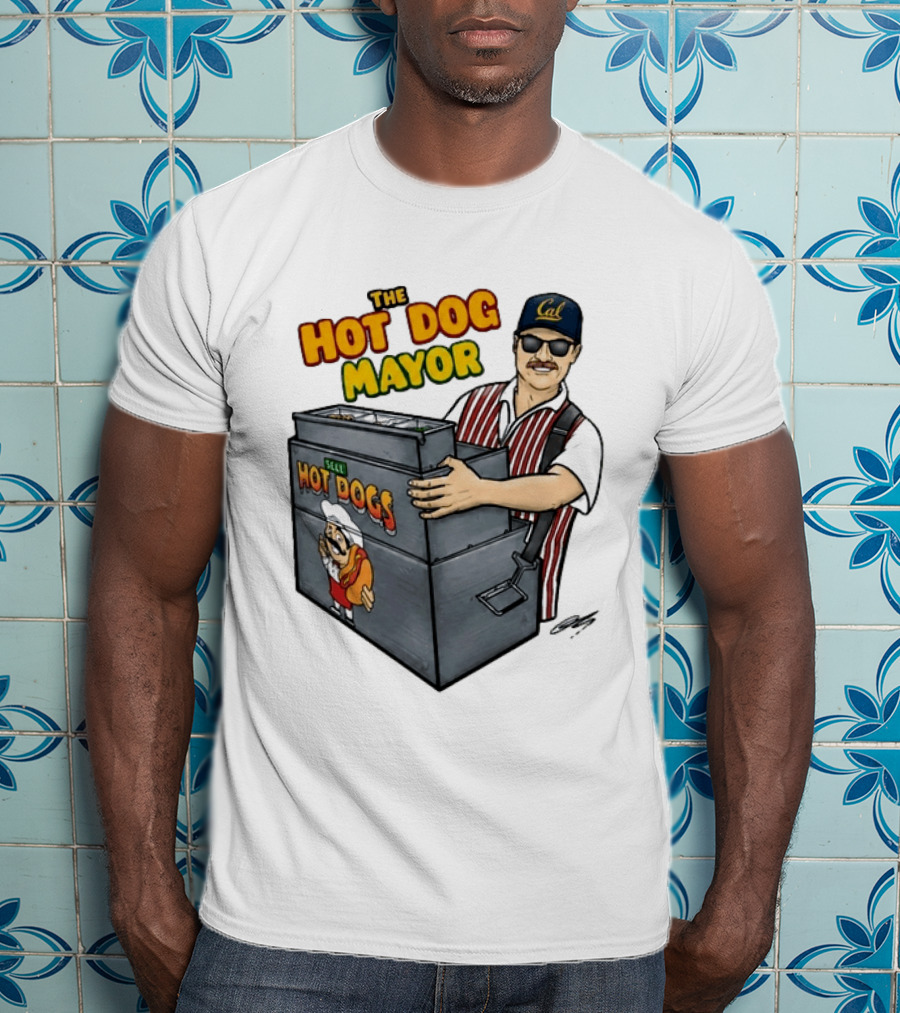 The Hot Dog Mayor Vendor With Cal Hat And Hot Dogs Cart T-Shirt