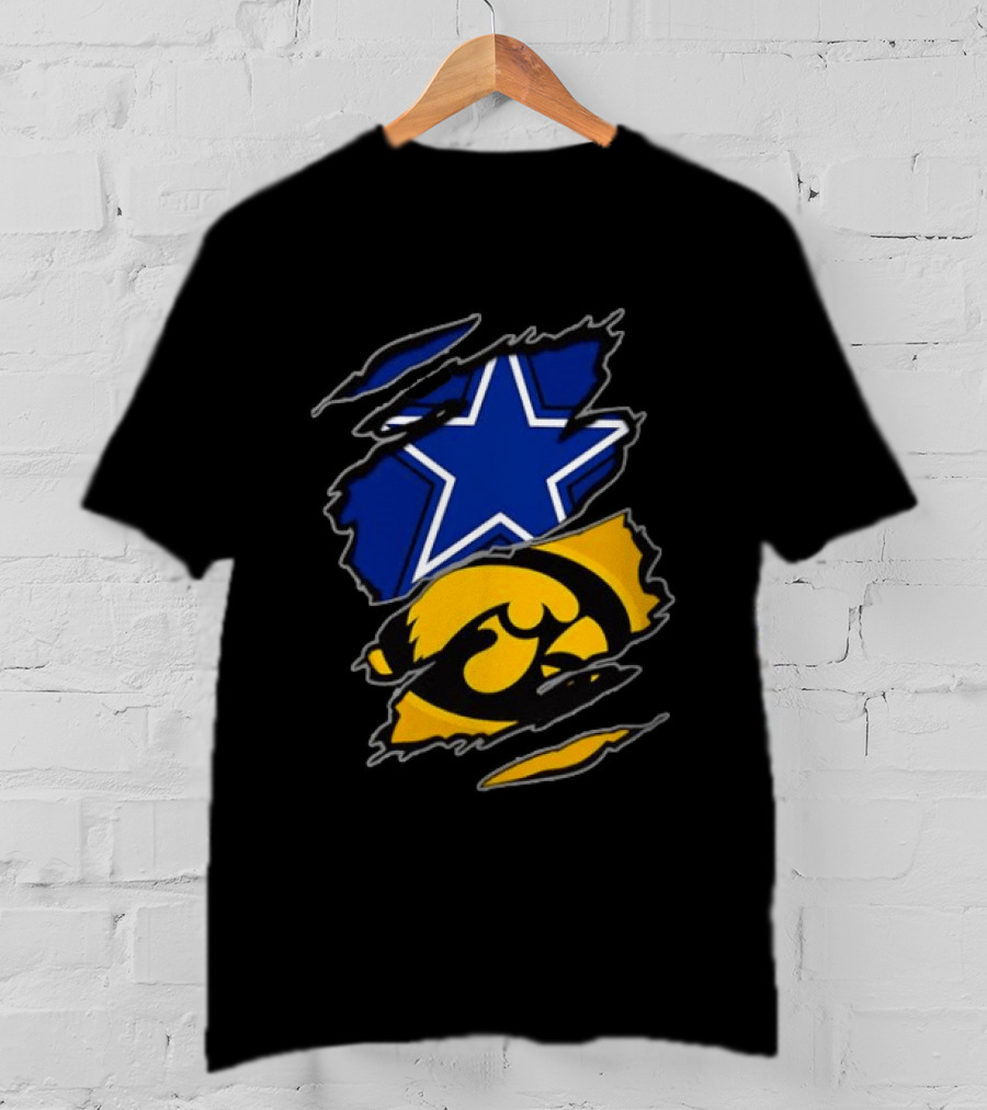 Dallas Cowboys Star And Iowa Hawkeyes Ripped Logo Sports Fan Gear T-Shirt