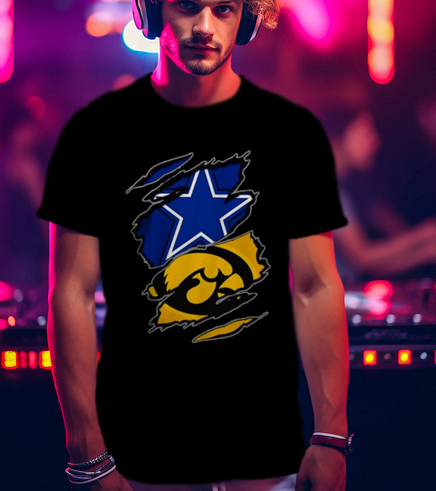 Dallas Cowboys Star And Iowa Hawkeyes Ripped Logo Sports Fan Gear T-Shirt