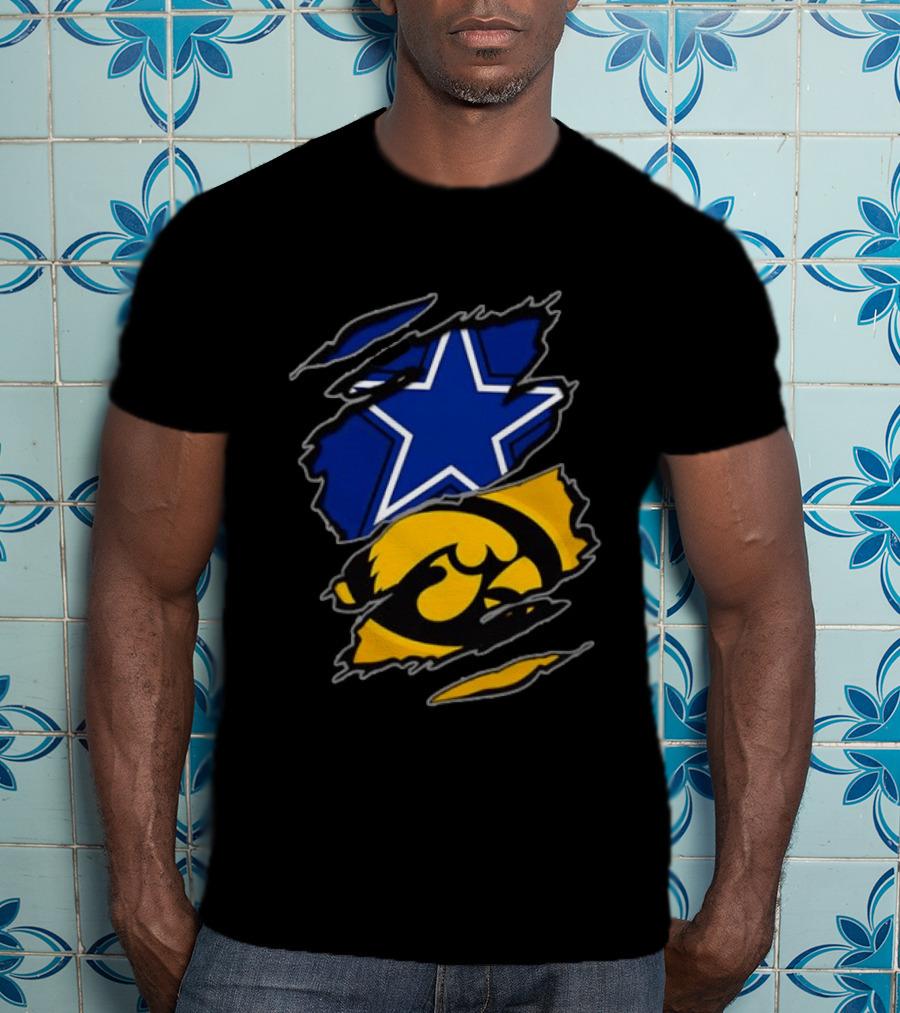 Dallas Cowboys Star And Iowa Hawkeyes Ripped Logo Sports Fan Gear T-Shirt