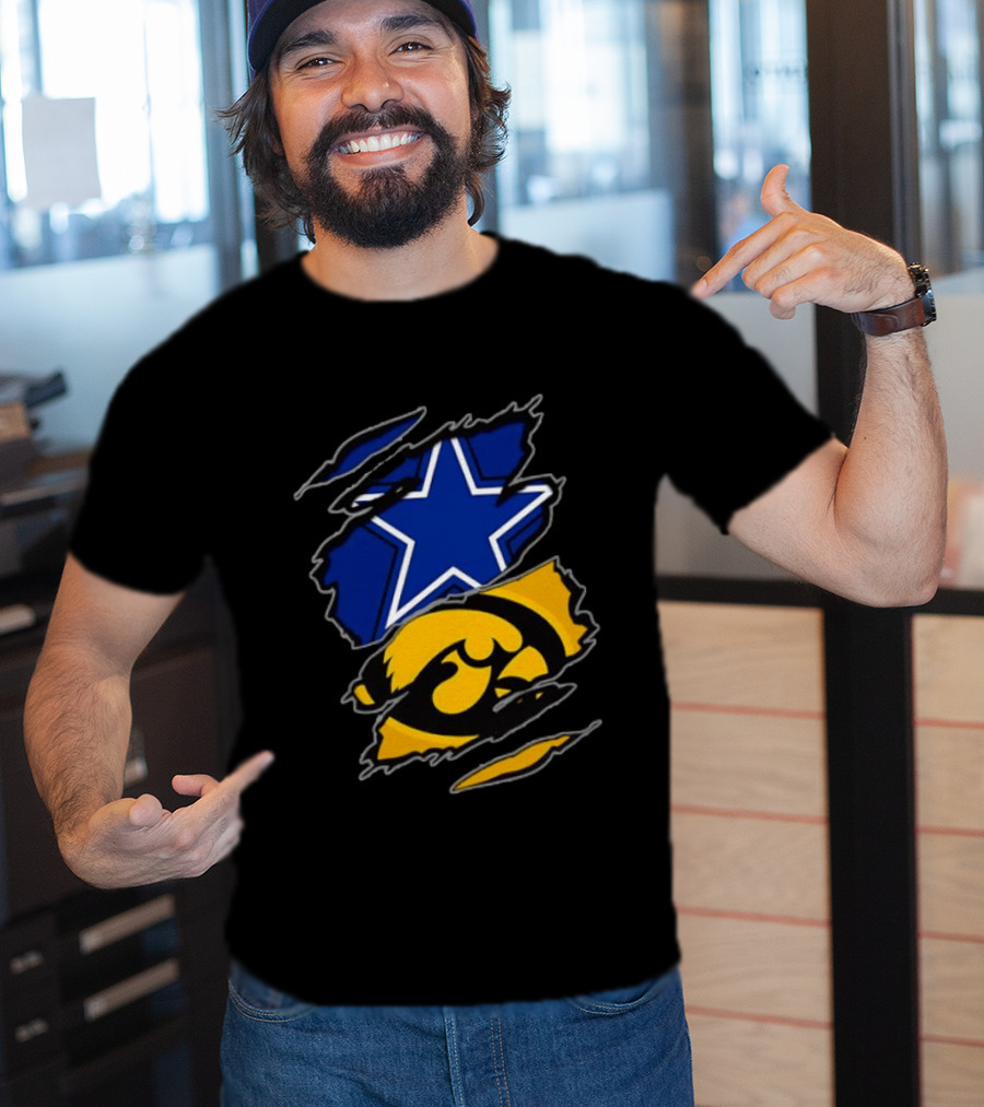 Dallas Cowboys Star And Iowa Hawkeyes Ripped Logo Sports Fan Gear T-Shirt