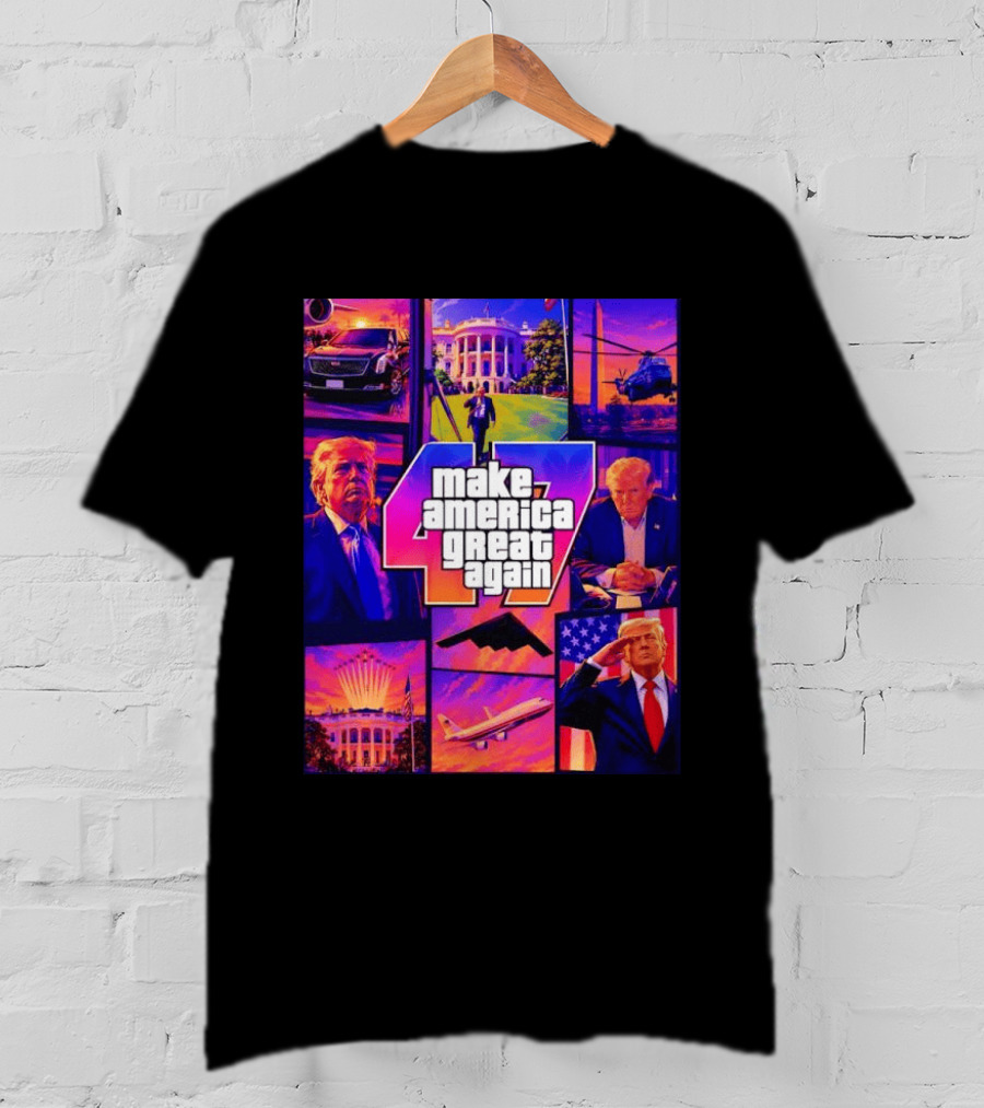 Make America Great Again GTA 47 Parody Trump White House Military Aircraft Montage T-Shirt