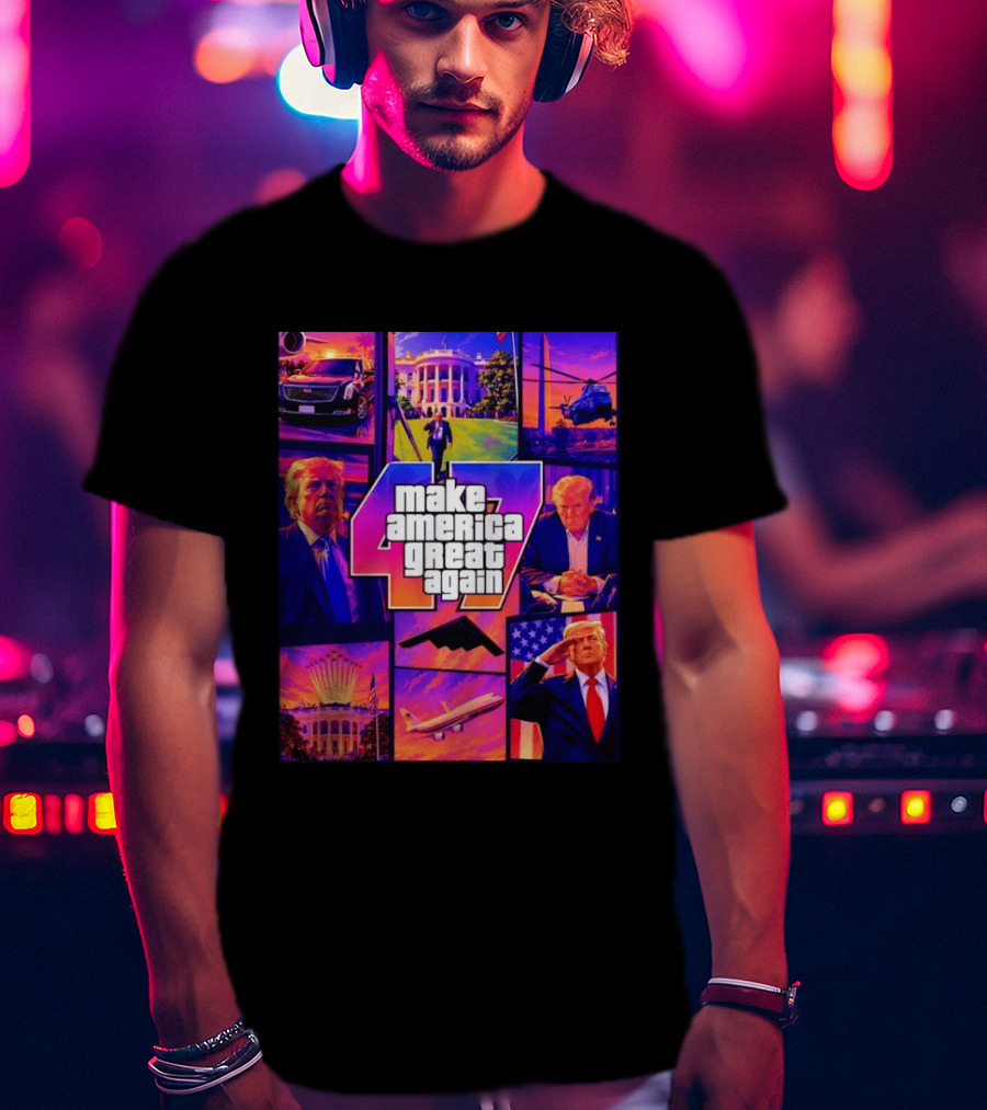 Make America Great Again GTA 47 Parody Trump White House Military Aircraft Montage T-Shirt