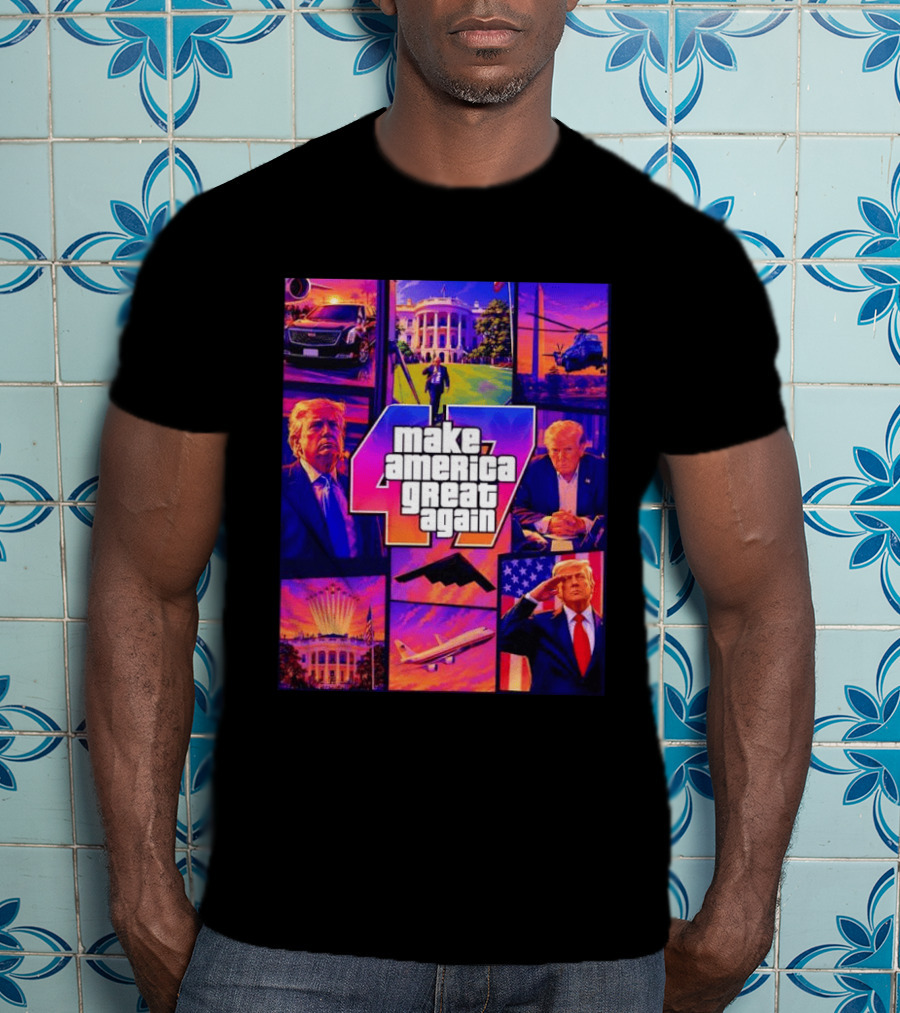 Make America Great Again GTA 47 Parody Trump White House Military Aircraft Montage T-Shirt