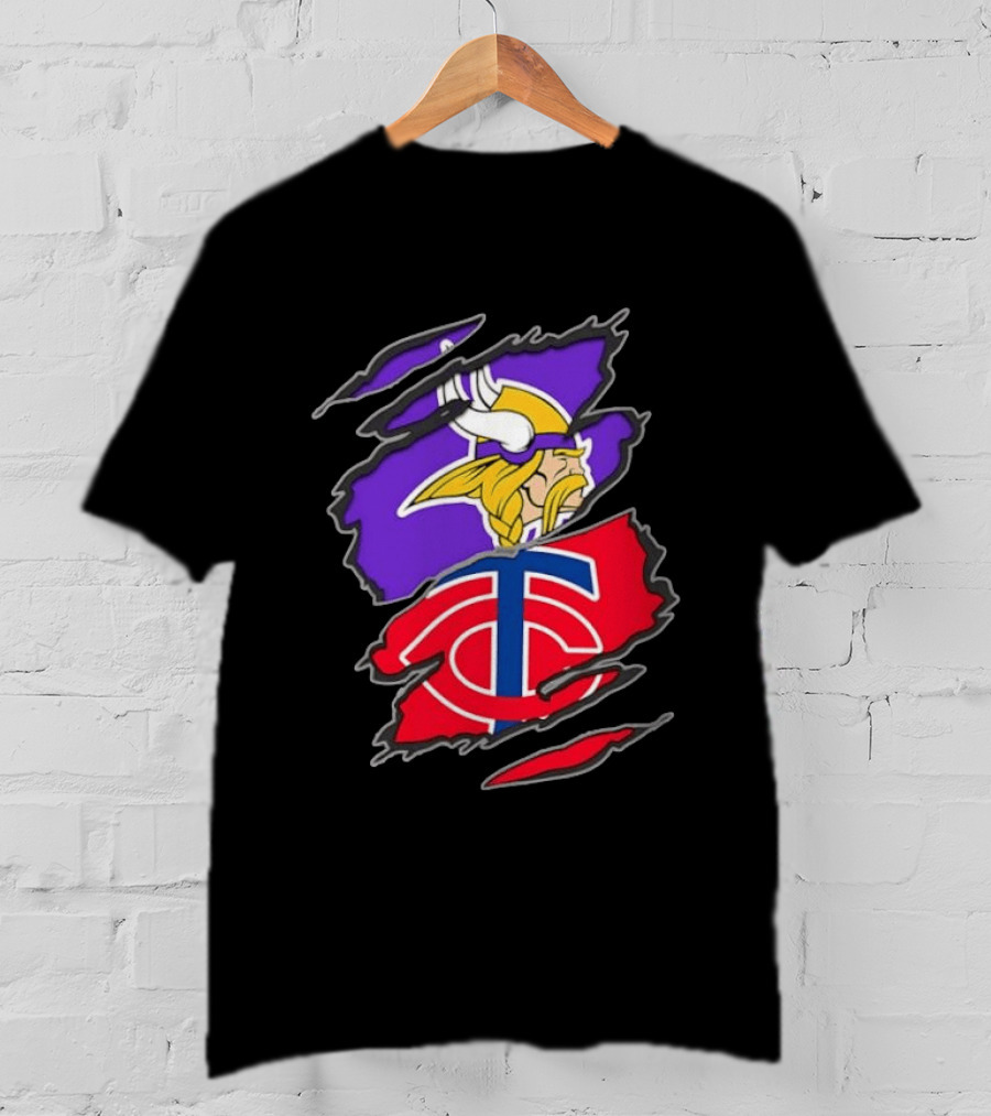 Minnesota Vikings Minnesota Twins Iconic Team Collaboration Ripped T-Shirt
