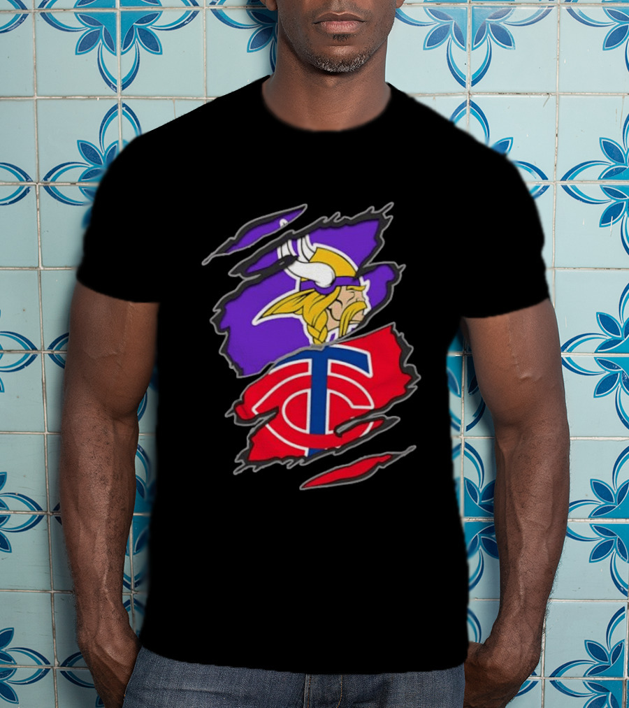 Minnesota Vikings Minnesota Twins Iconic Team Collaboration Ripped T-Shirt