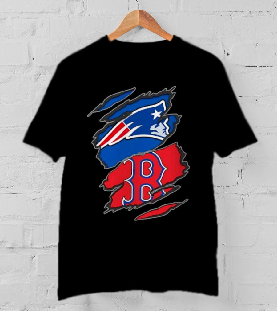 Patriots Red Sox Ripped Design New England Boston Sports Fan T-Shirt