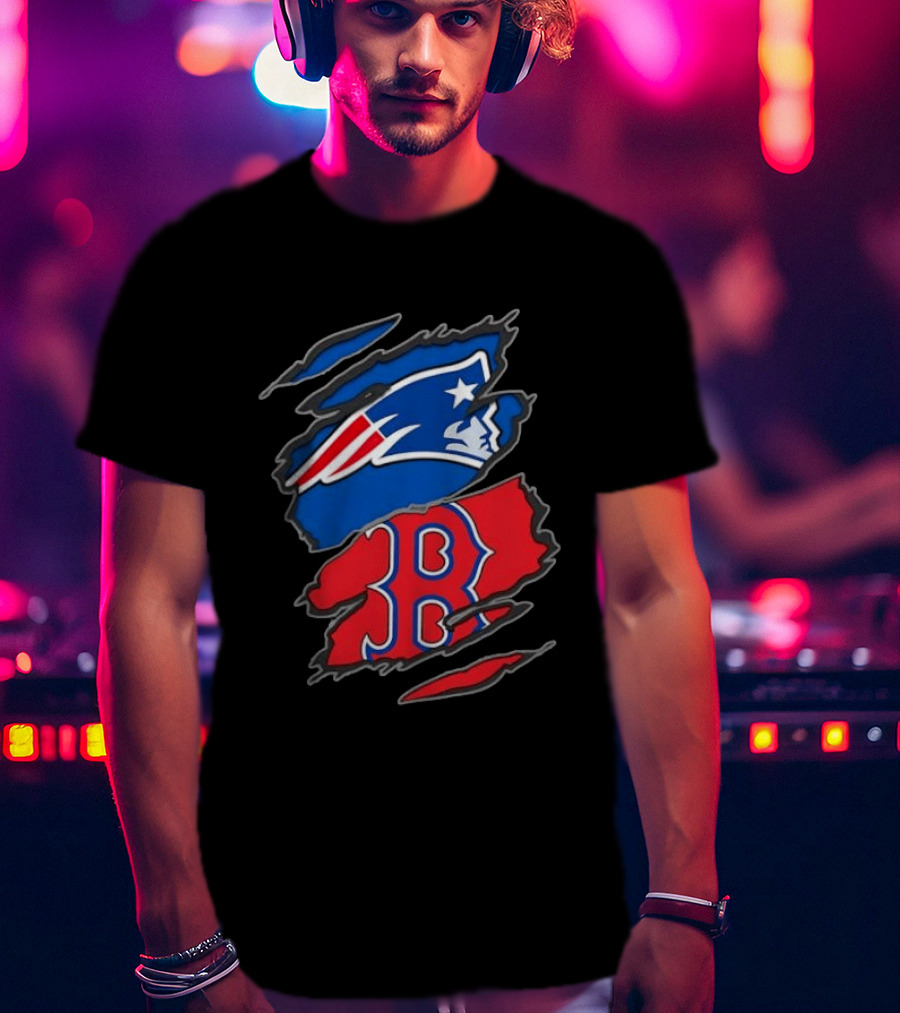Patriots Red Sox Ripped Design New England Boston Sports Fan T-Shirt