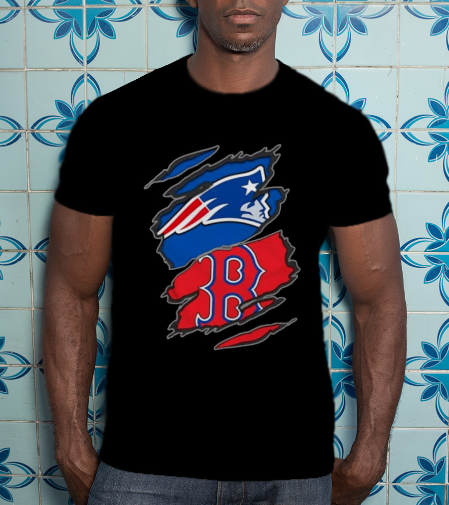 Patriots Red Sox Ripped Design New England Boston Sports Fan T-Shirt