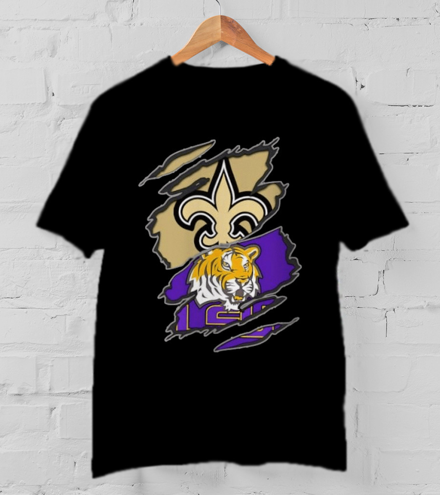 New Orleans Saints LSU Tigers Football Louisiana Logos Ripped T-Shirt