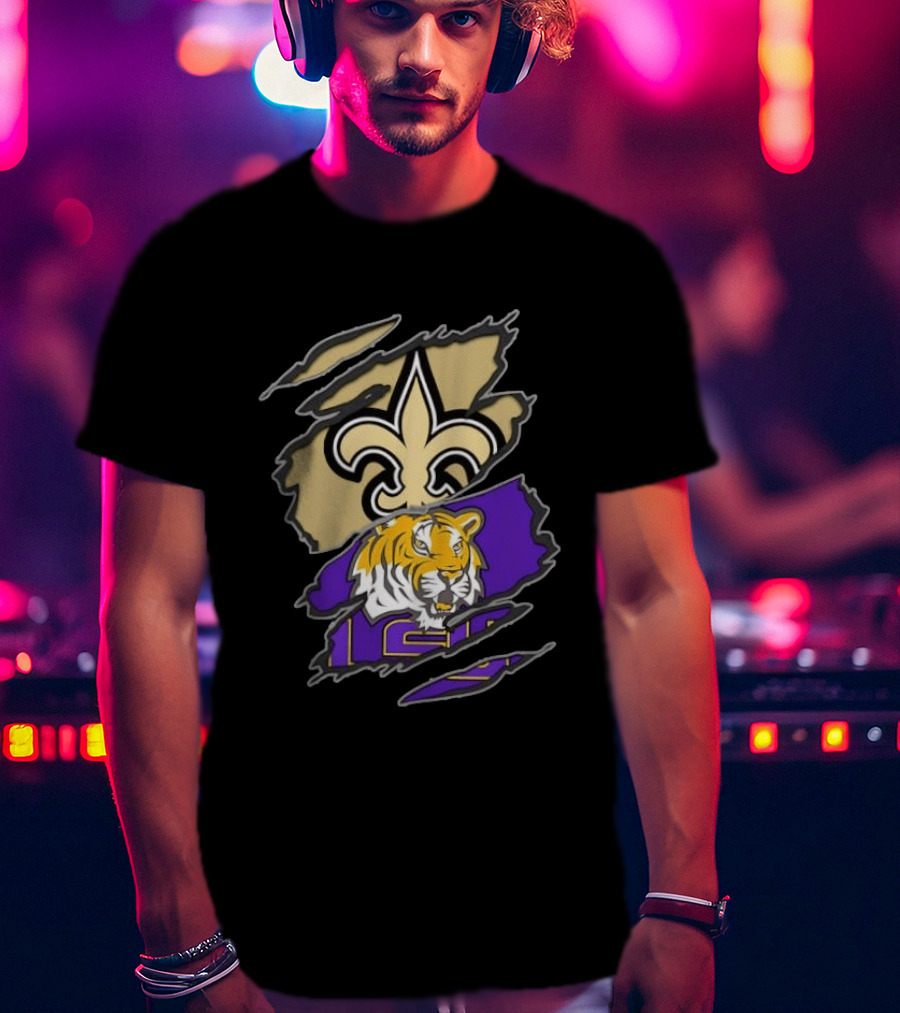 New Orleans Saints LSU Tigers Football Louisiana Logos Ripped T-Shirt
