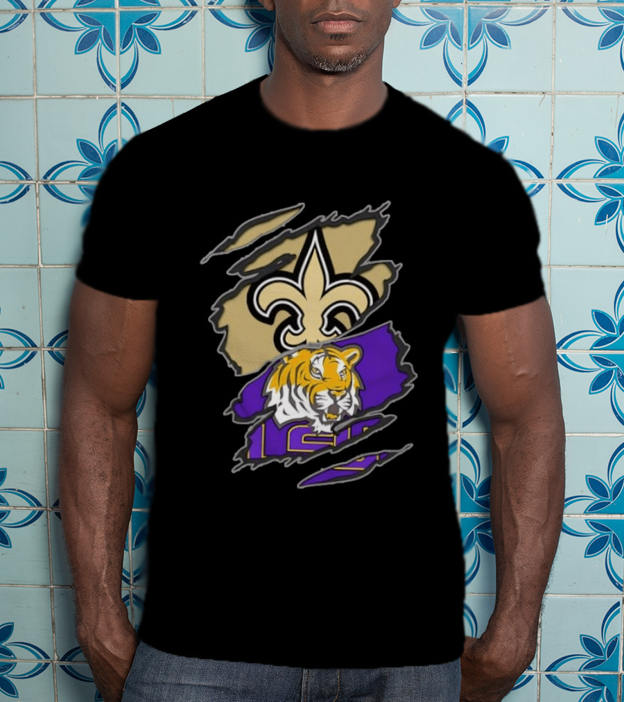 New Orleans Saints LSU Tigers Football Louisiana Logos Ripped T-Shirt