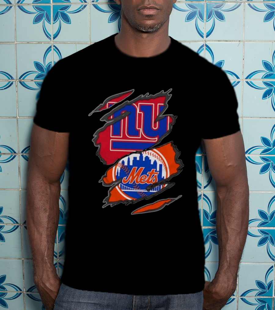 New York Giants New York Mets Ripped Reveal Football Baseball T-Shirt