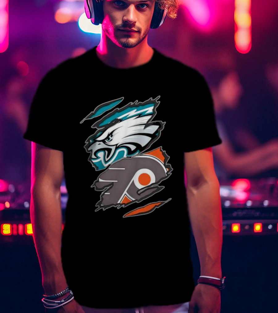 Philadelphia Eagles And Philadelphia Flyers Ripped Tear Sports Team T-Shirt