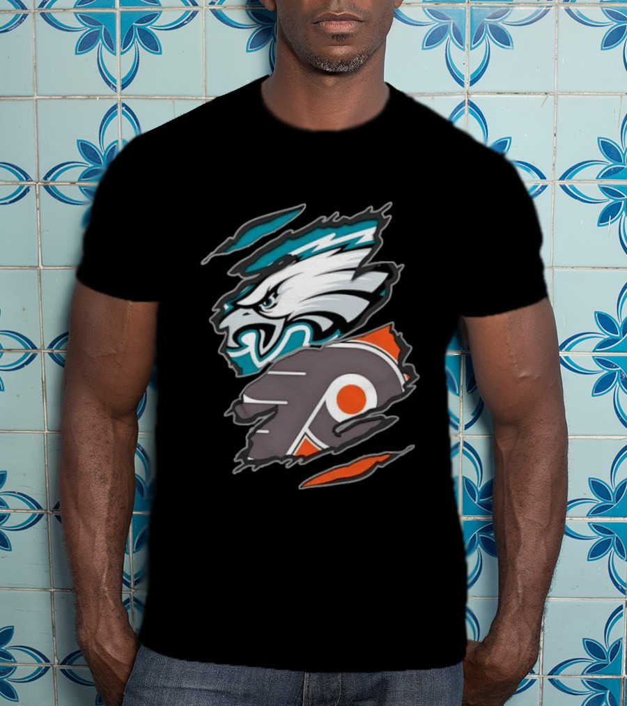 Philadelphia Eagles And Philadelphia Flyers Ripped Tear Sports Team T-Shirt