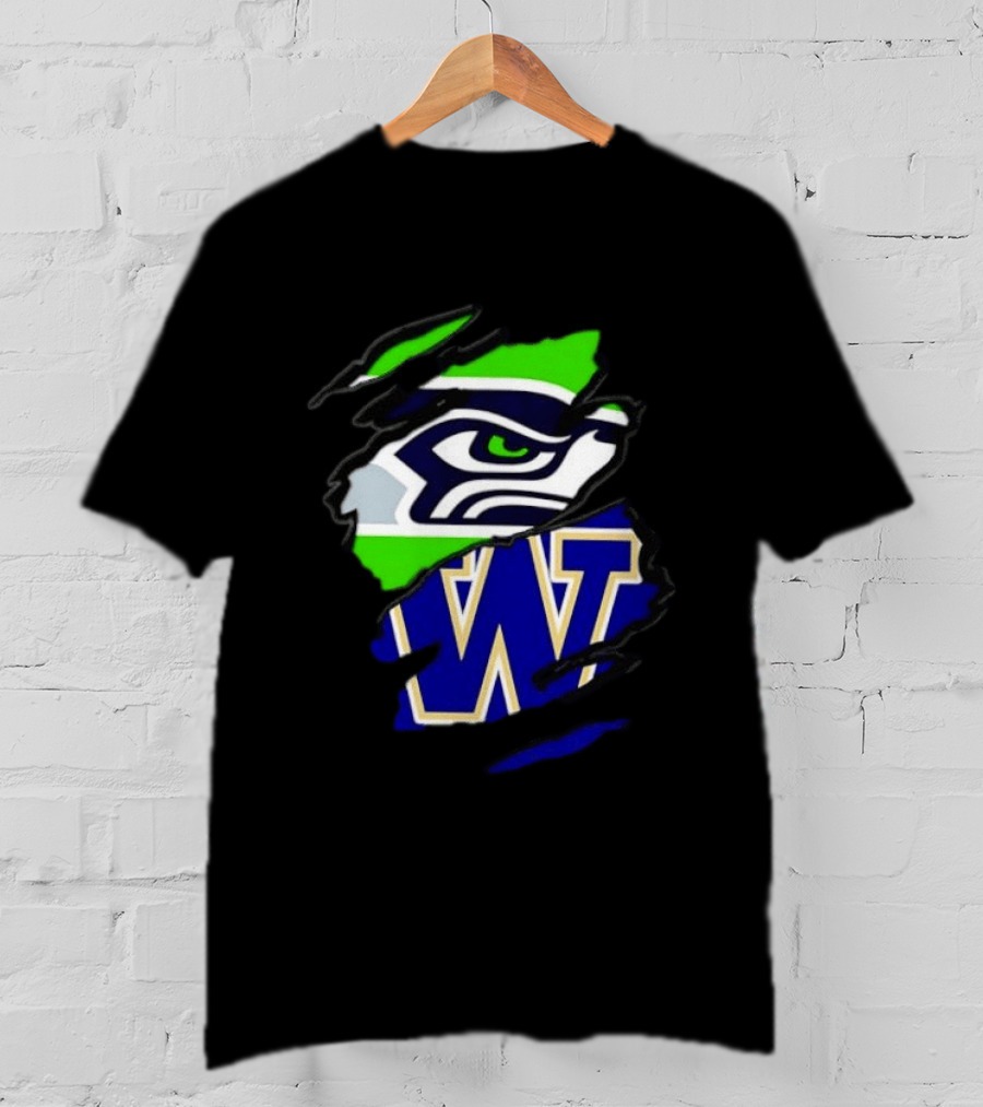 Seattle Seahawks Washington Huskies Ripped Through Logos T-Shirt