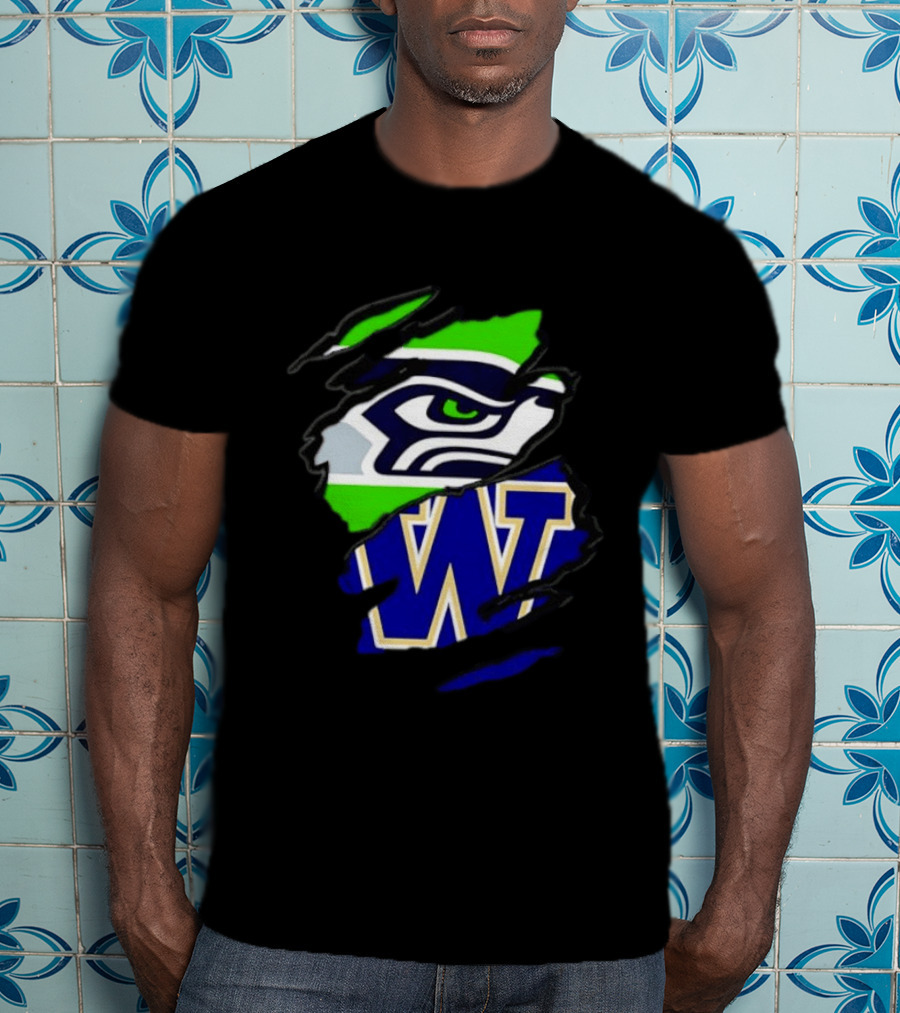 Seattle Seahawks Washington Huskies Ripped Through Logos T-Shirt