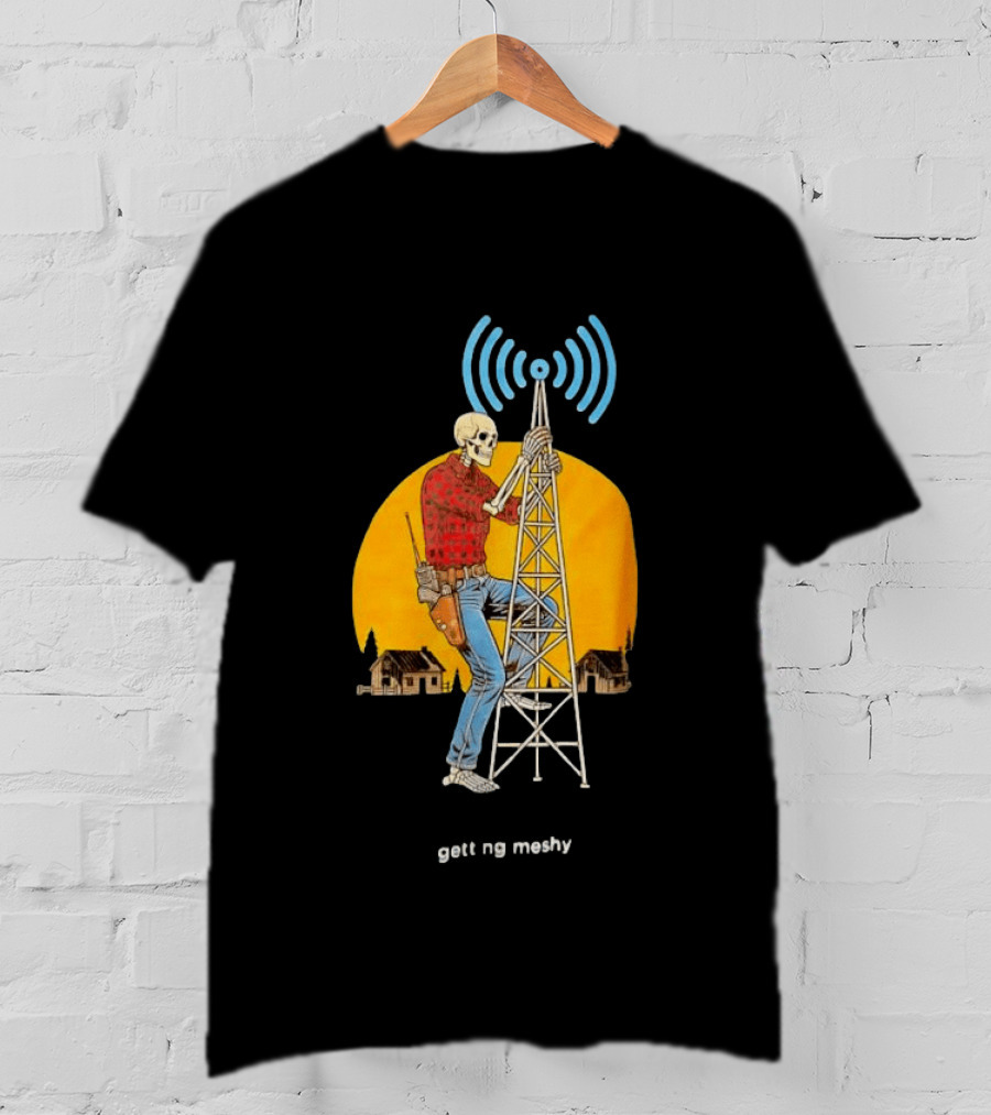 Skeleton Climbing Tower With Radio Waves Retro Scene T-Shirt