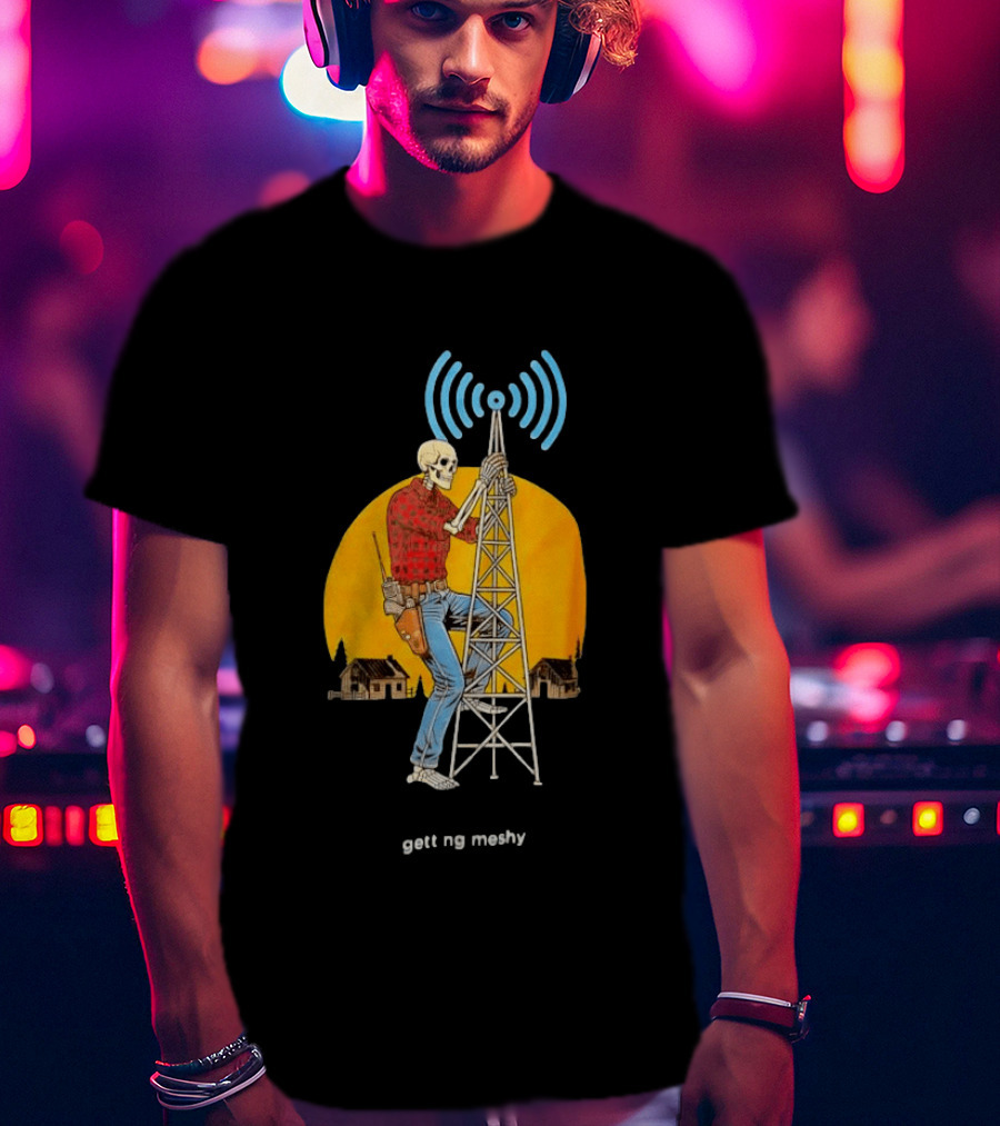 Skeleton Climbing Tower With Radio Waves Retro Scene T-Shirt