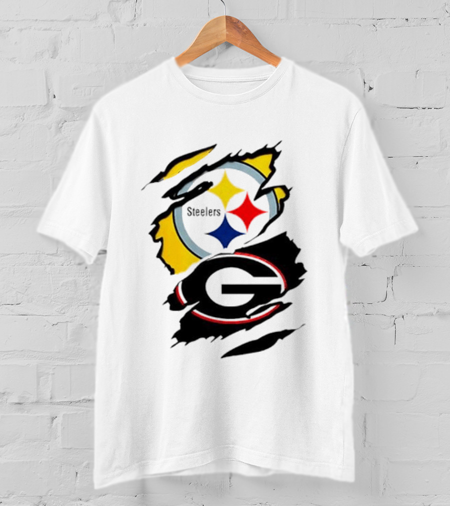 Pittsburgh Steelers Georgia Bulldogs NCAA Football Ripped Torn Effect T-Shirt