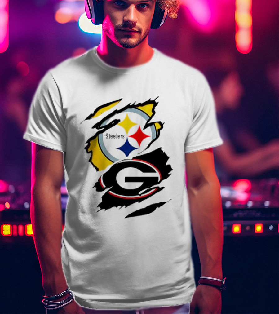 Pittsburgh Steelers Georgia Bulldogs NCAA Football Ripped Torn Effect T-Shirt