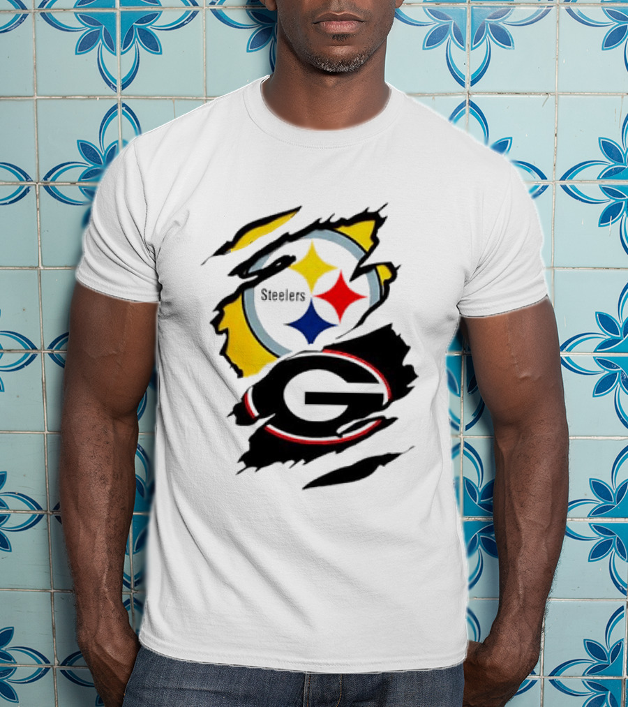 Pittsburgh Steelers Georgia Bulldogs NCAA Football Ripped Torn Effect T-Shirt
