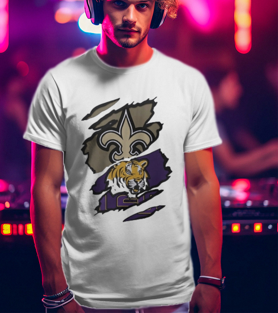 New Orleans Saints LSU Tigers Beneath The Surface Fleur De Lis Tiger Split T-Shirt