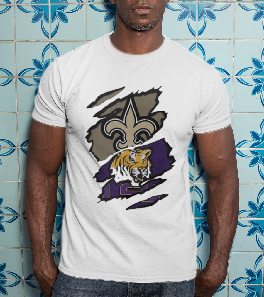 New Orleans Saints LSU Tigers Beneath The Surface Fleur De Lis Tiger Split T-Shirt