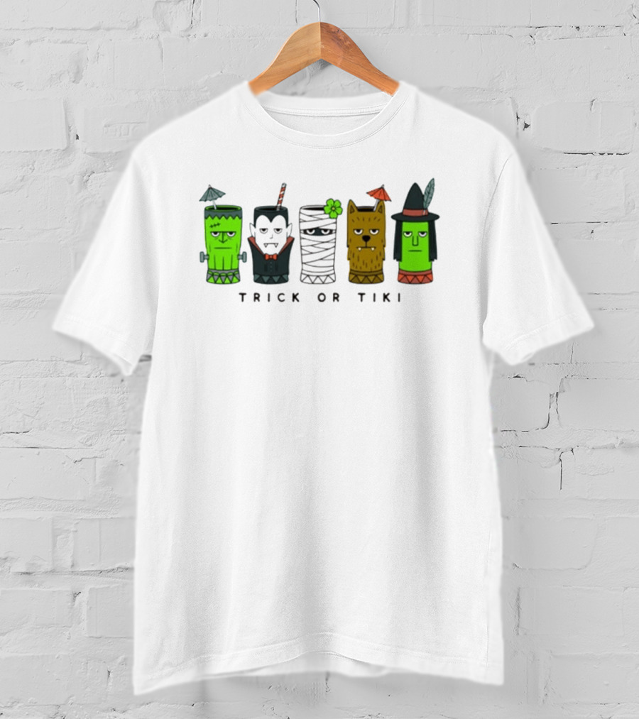 Trick Or Tiki Frankenstein Vampire Mummy Werewolf Witch Halloween T-Shirt