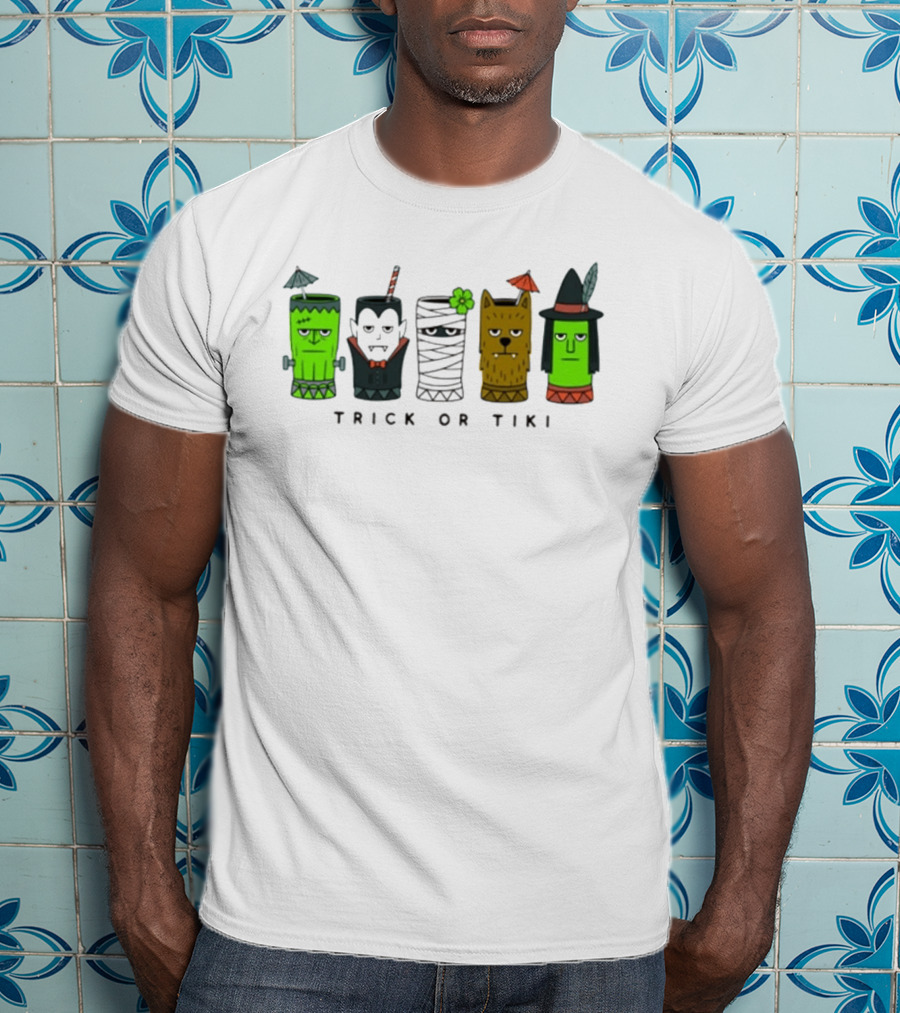 Trick Or Tiki Frankenstein Vampire Mummy Werewolf Witch Halloween T-Shirt