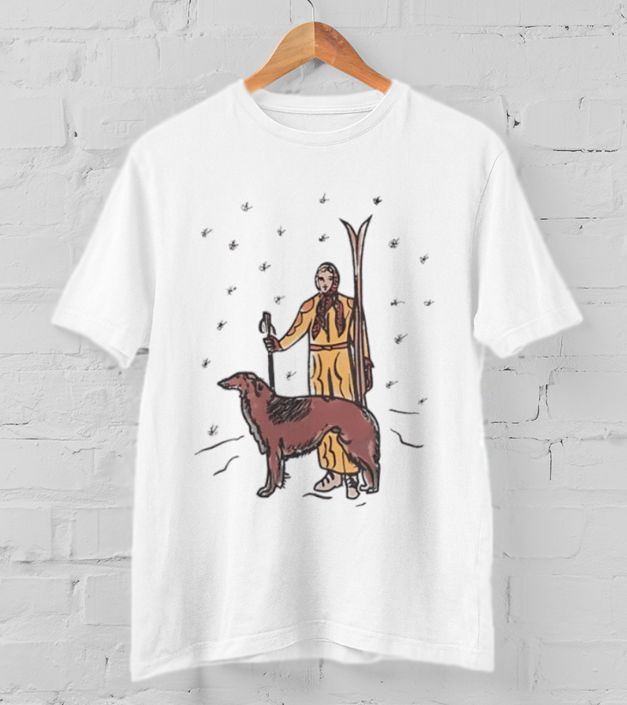 Woman Skiing With Borzoi Dog In Winter Sports Scene T-Shirt
