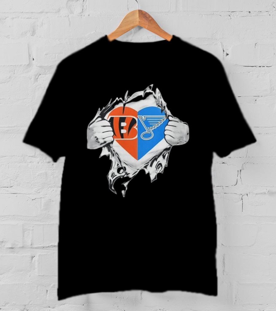 Bengals Blues Tattered Heart Shape Split Symbol With Hands T-Shirt