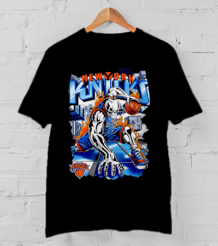 New York Knicks NBA Basketball Skull Player And City Flames T-Shirt