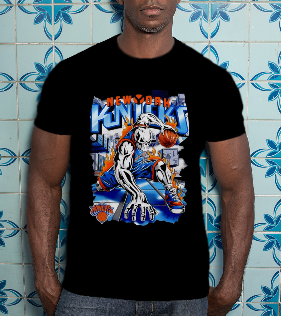 New York Knicks NBA Basketball Skull Player And City Flames T-Shirt