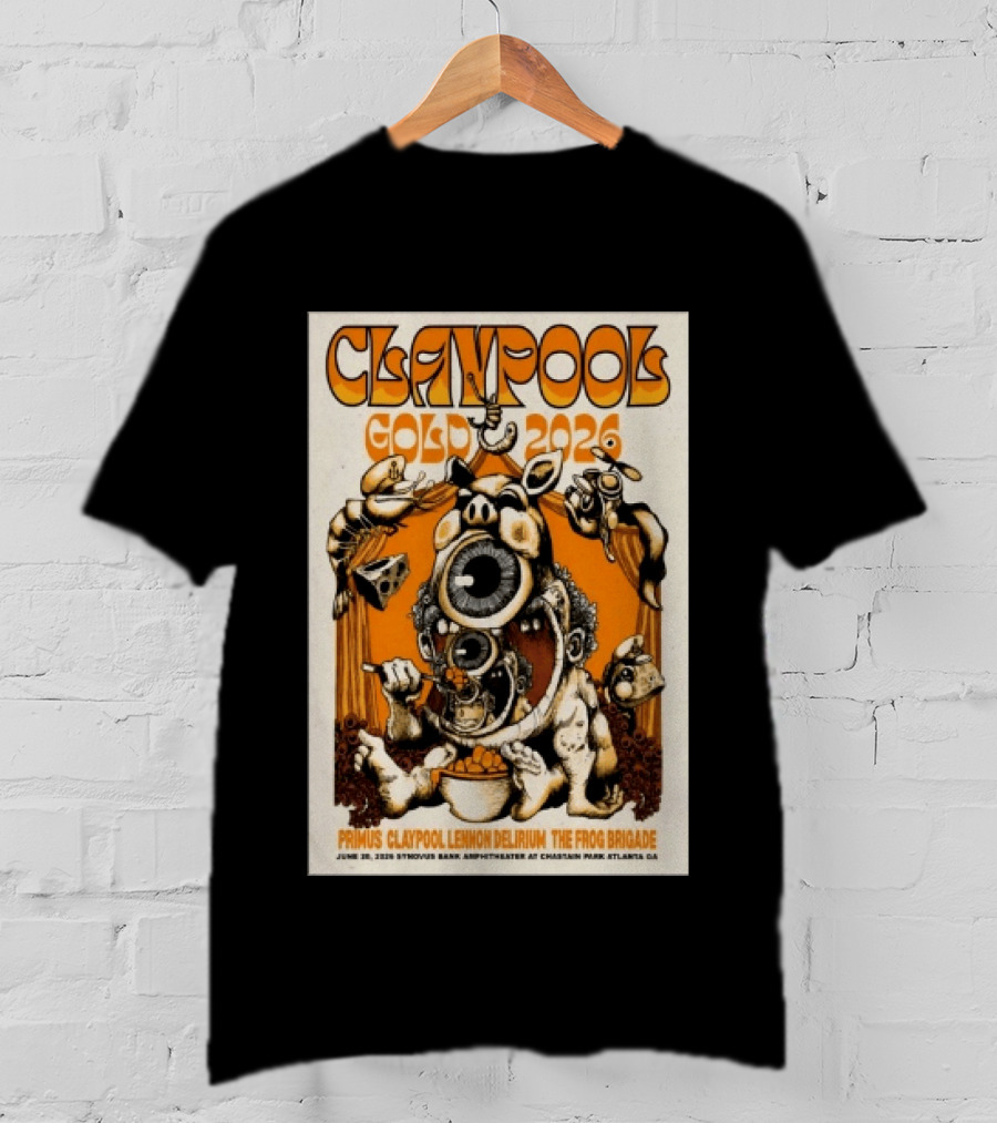Les Claypool Gold 2026 Primus Delirium Frog Brigade June 20 Synovus Bank Amphitheater Atlanta T-Shirt
