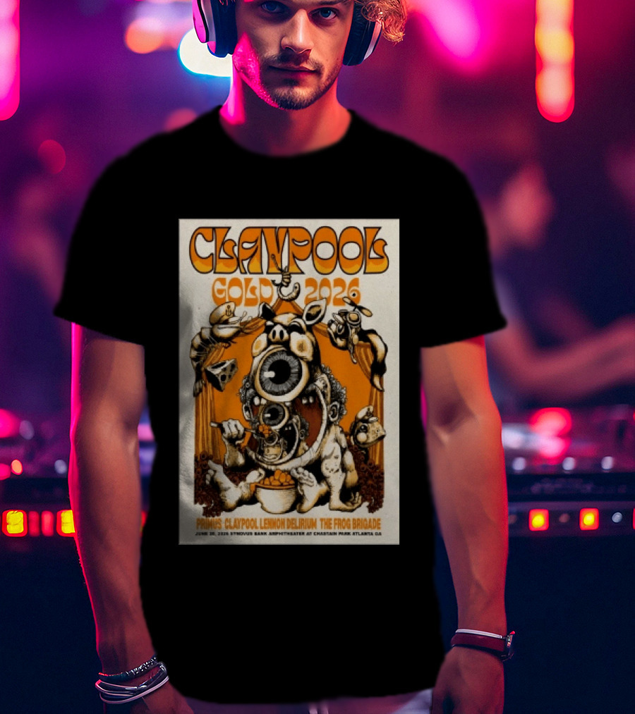 Les Claypool Gold 2026 Primus Delirium Frog Brigade June 20 Synovus Bank Amphitheater Atlanta T-Shirt