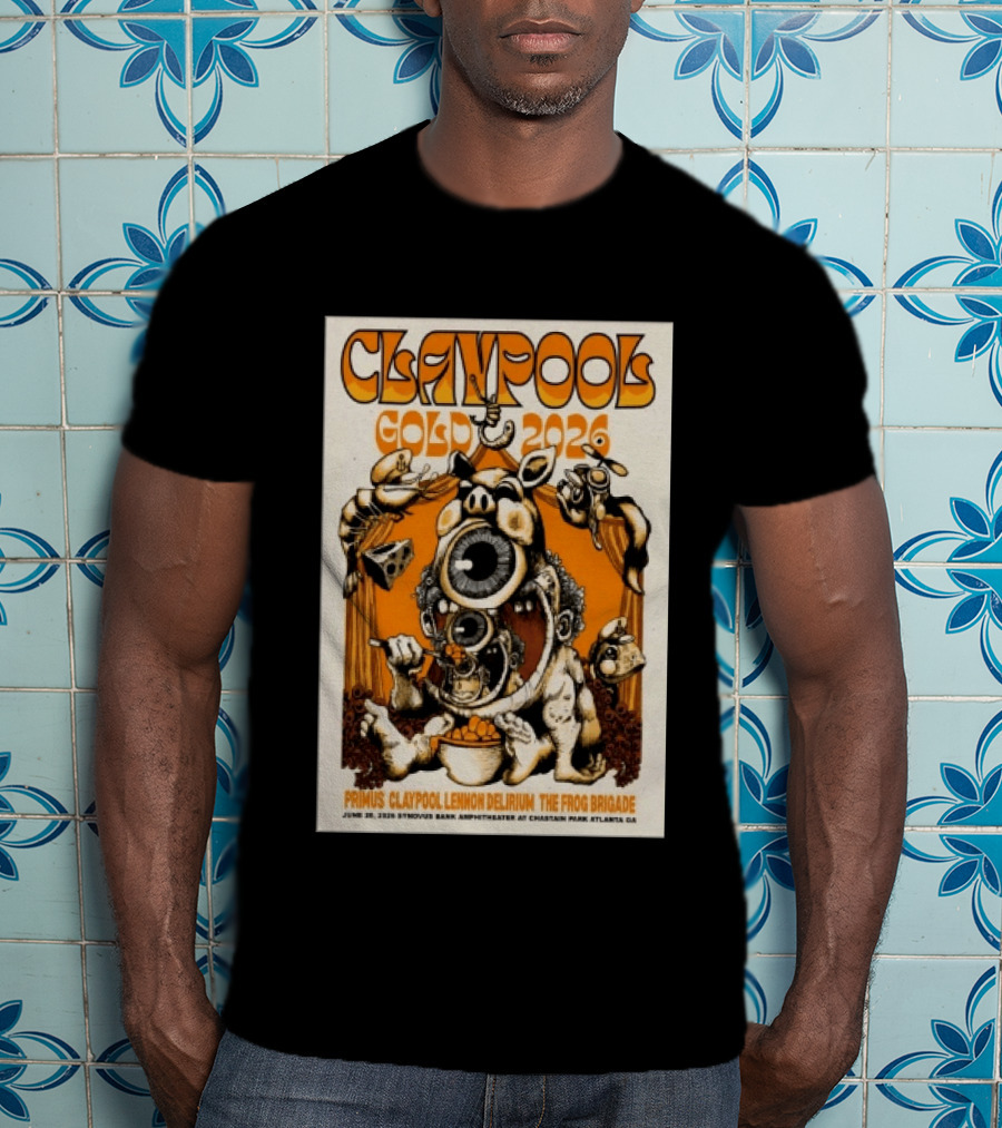 Les Claypool Gold 2026 Primus Delirium Frog Brigade June 20 Synovus Bank Amphitheater Atlanta T-Shirt