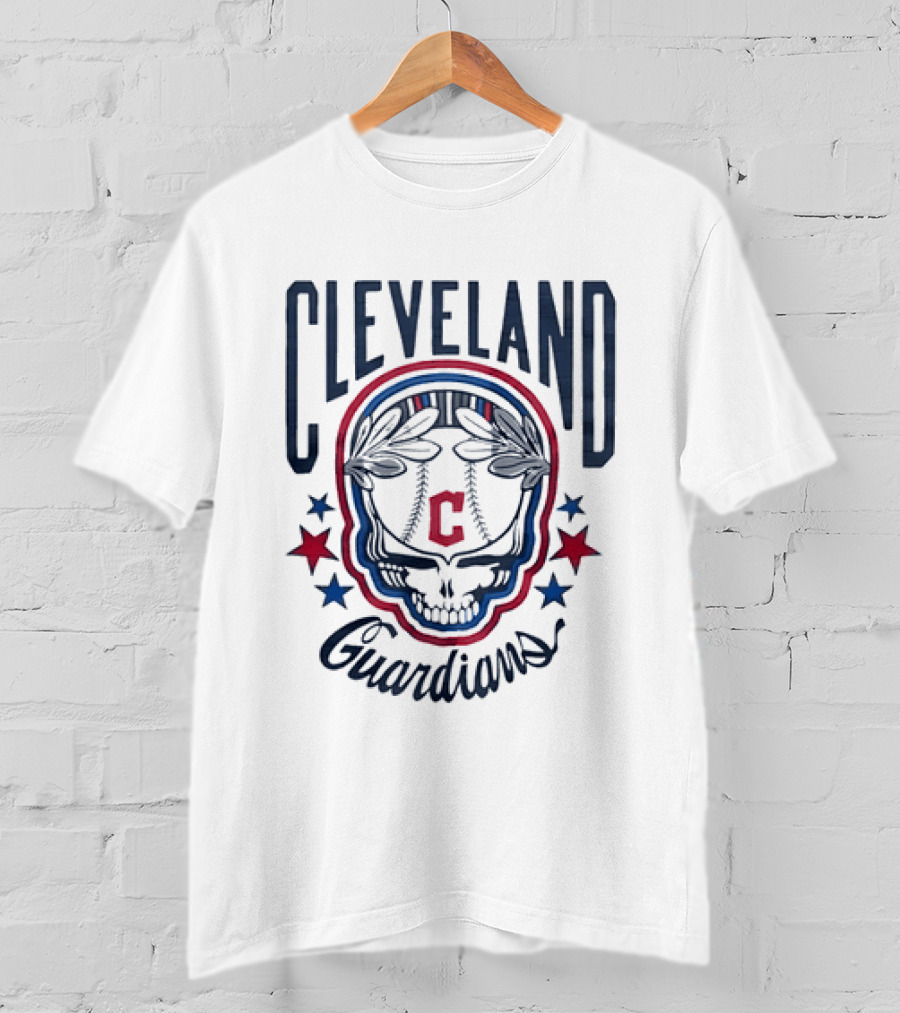 Cleveland Guardians Skull Baseball Laurel Wreath Stars T-Shirt