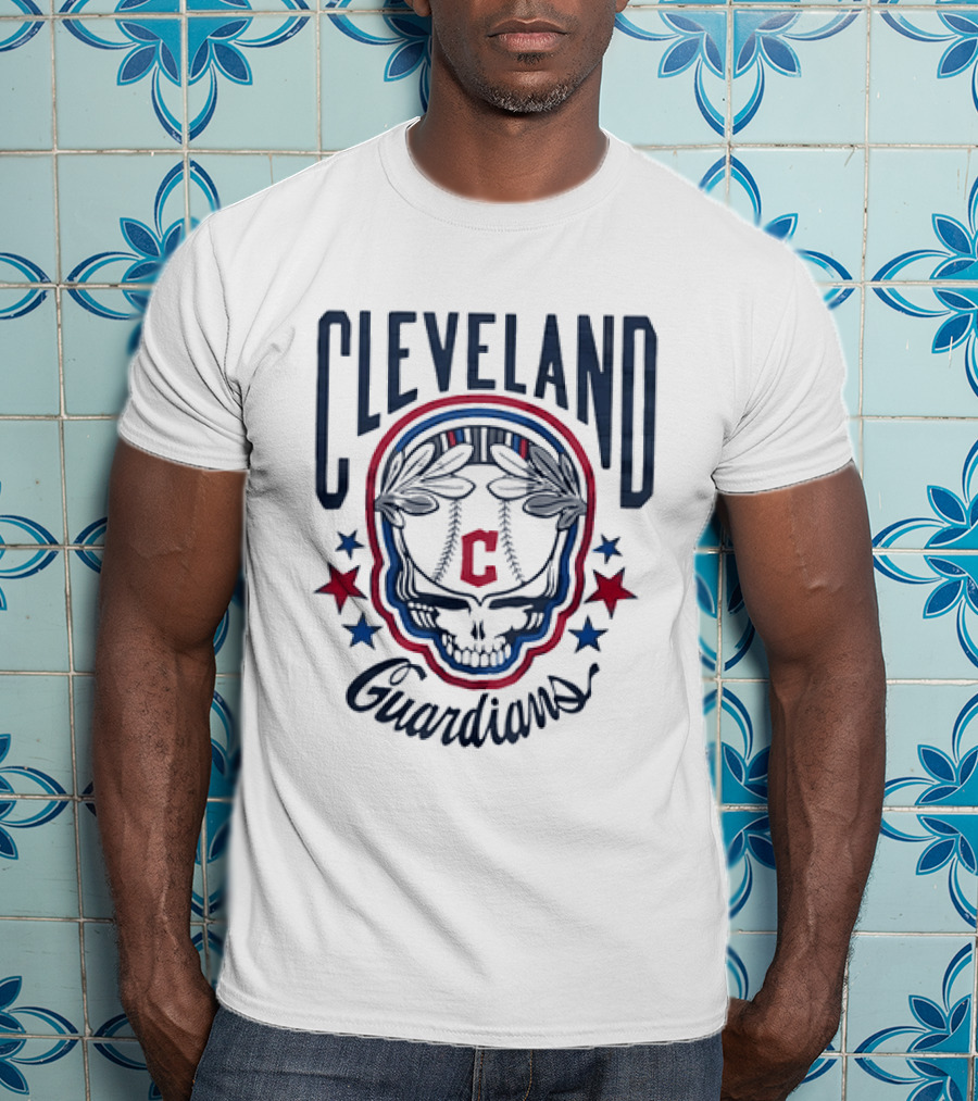 Cleveland Guardians Skull Baseball Laurel Wreath Stars T-Shirt