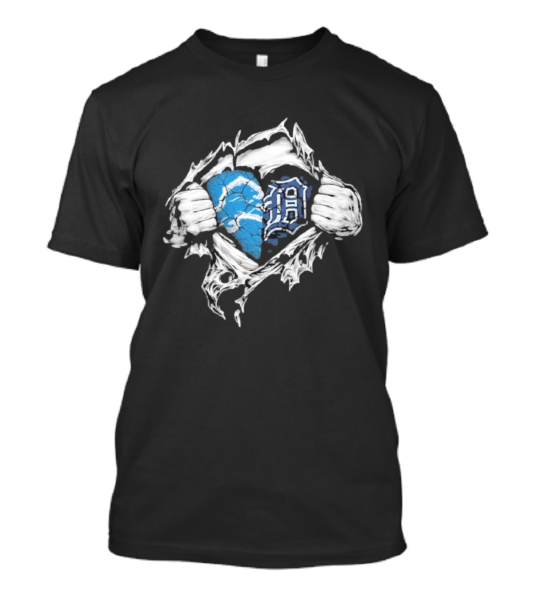 Detroit Lions Tigers Heart Ripped Design Collaboration Sports Fandom T-Shirt