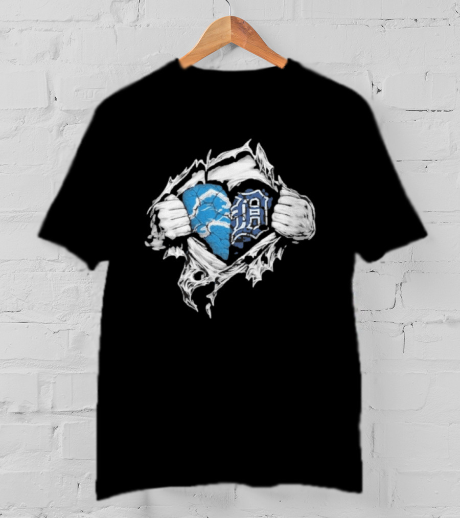 Detroit Lions Tigers Heart Ripped Design Collaboration Sports Fandom T-Shirt