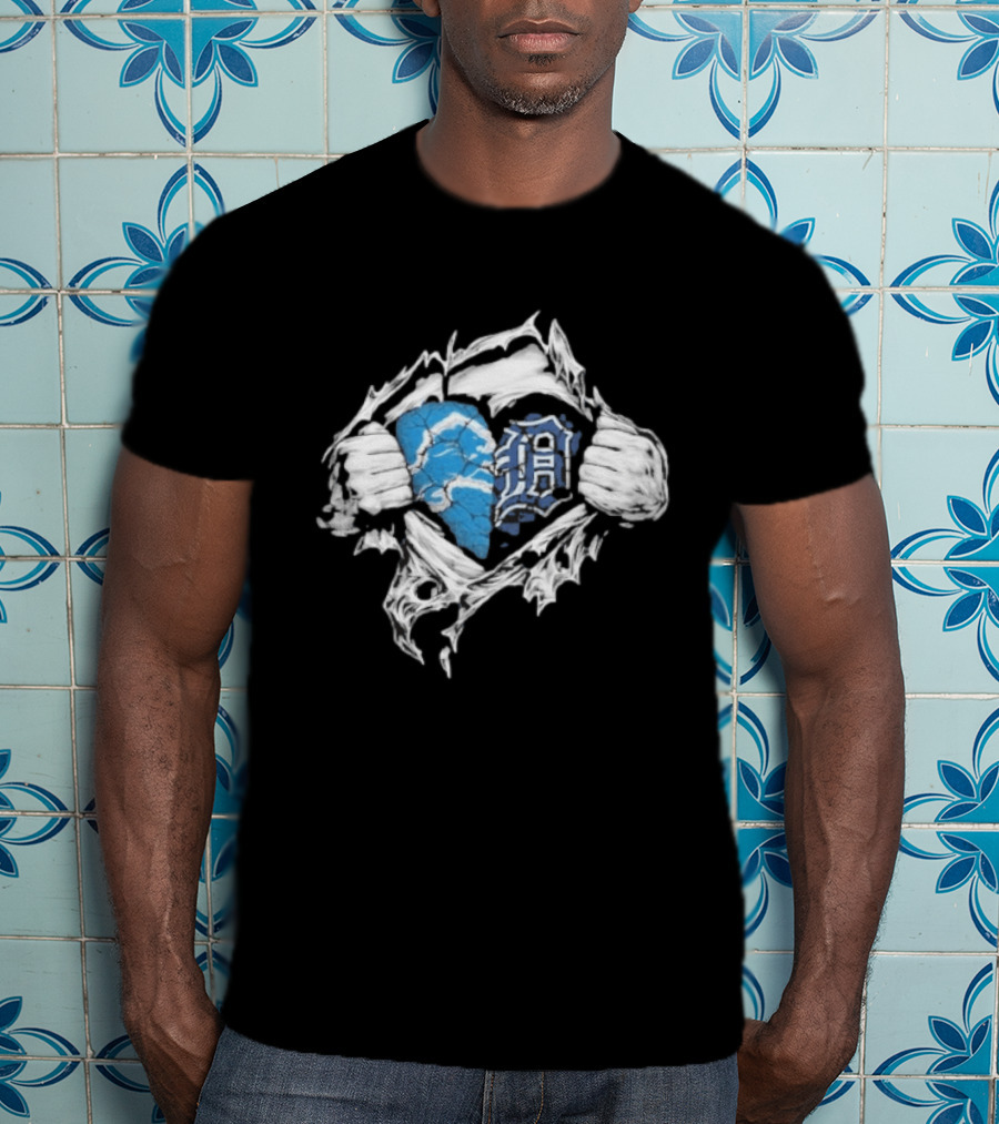 Detroit Lions Tigers Heart Ripped Design Collaboration Sports Fandom T-Shirt